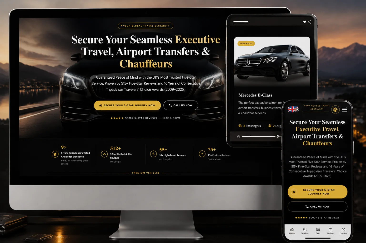 Taxis & Airport Services — luxury BMW chauffeur and airport transfer booking website screenshot